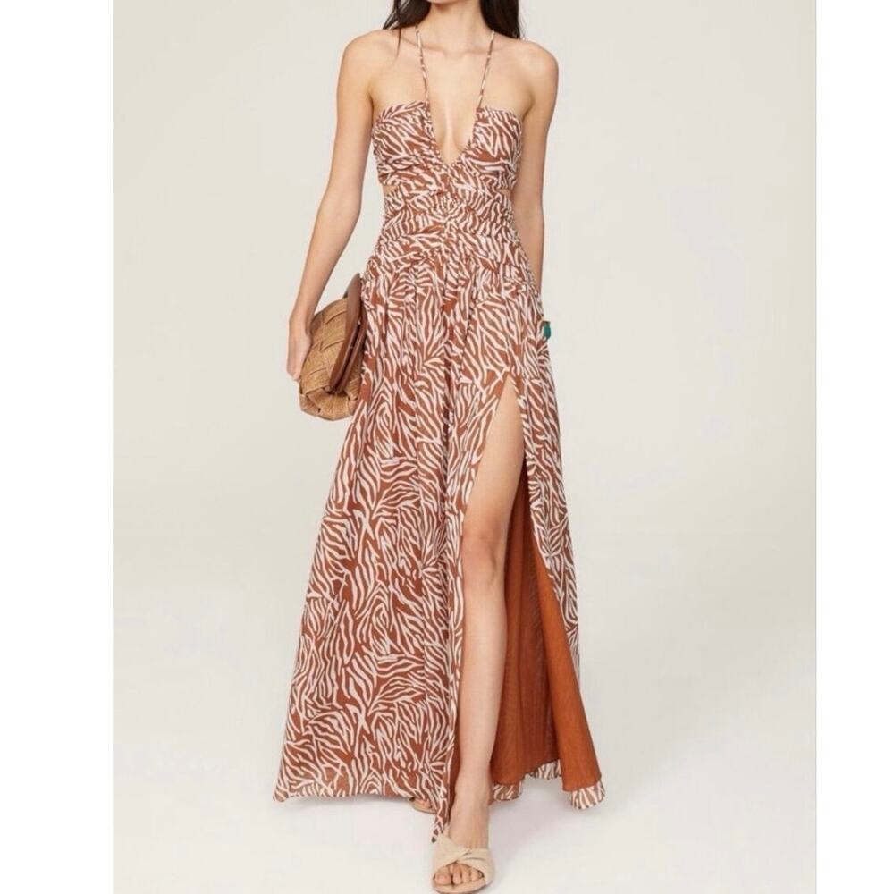 Tanya Taylor Nolan Rust Zebra Silk Slit Plunge Neck Maxi Dress
Size 2
